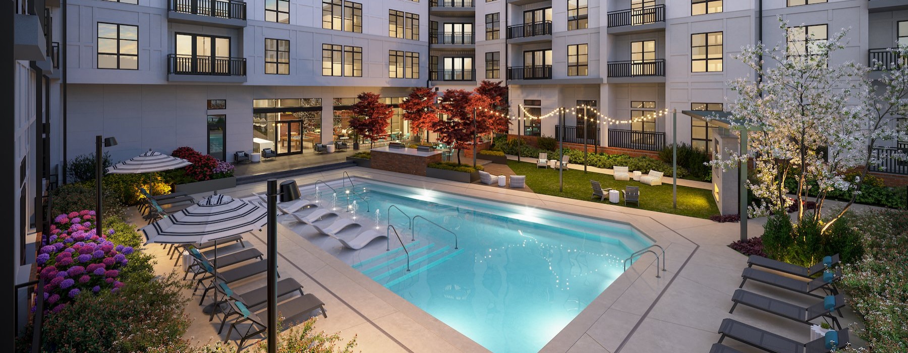 a courtyard with a swimming pool